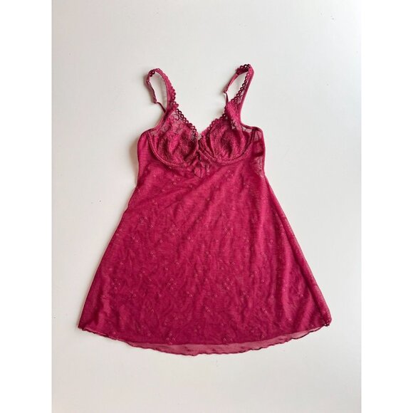 Vintage SILK & SATIN Maroon Red Mesh Lace Babydoll Negligee Slip Dress, Size S - Picture 5 of 13